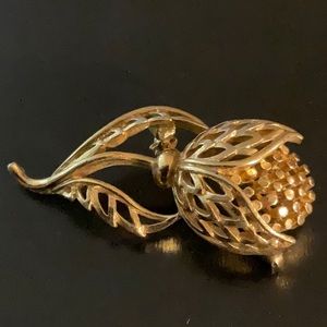 Gold Tone Flower Brooch Open Weave Leaves Metal Bead Flower 2.25”